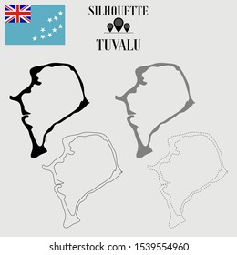 Oceanian Tuvalu outline world map, solid, dash line contour silhouette, national flag vector illustration design, isolated on background, objects, symbol from countries set