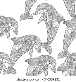 Oceanic animal zentangle seamless pattern. Hand drawn tile texture with dolphin.Template for textile, wrapping or scrapbook paper print. Vector illustration.