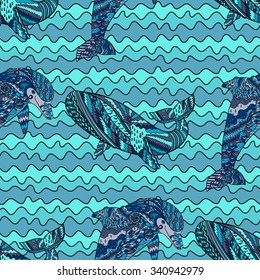 Oceanic animal zentangle seamless pattern. Hand drawn tile texture with dolphin and humpback whale.Template for textile, wrapping or scrapbook paper print. Vector illustration.