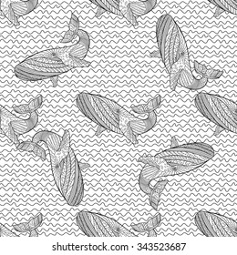 Oceanic animal zentangle seamless pattern. Hand drawn tile texture with humpback whale.Template for textile, wrapping or scrapbook paper print. Vector illustration.