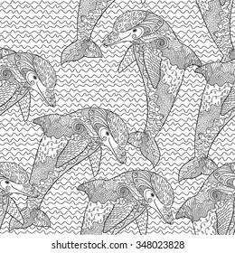 Oceanic animal zentangle seamless pattern. Hand drawn tile texture with dolphin.Template for textile, wrapping or scrapbook paper print. Vector illustration.