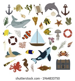 Oceanic animals. Sea set. Vector illustration.