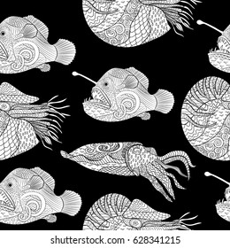 Oceanic animals zentangle seamless pattern. Hand drawn tile texture with fish for coloring book.Template for textile, wrapping or scrapbook paper print. Antistress colouring page for grown ups. Vector