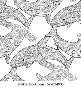 Oceanic animals zentangle seamless pattern. High detailed tile texture with sharks for coloring book.Template for textile, wrapping or scrapbook paper print. Antistress colouring page for grown ups.