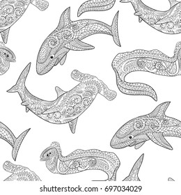Oceanic animals zentangle seamless pattern. High detailed tile texture with sharks for coloring book.Template for textile, wrapping or scrapbook paper print. Antistress colouring page for grown ups.