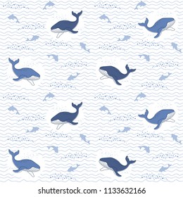Oceanic background, Whales and sharks on a wavy background