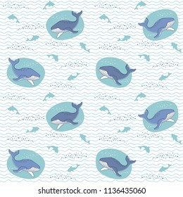 Oceanic background, Whales and sharks on a wavy background