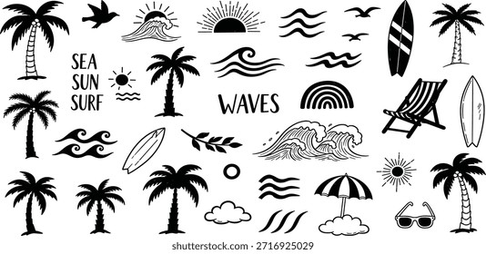 Oceanic Beach and Surf Lifestyle Elements Palm Trees, Waves, Sun, and Surfing Gear