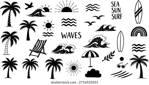 Oceanic Beach y Surf Estilo de vida Elementos Palmeras, Olas, Sol y Equipo de Surf
