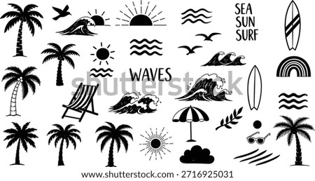 Oceanic Beach and Surf Lifestyle Elements Palm Trees, Waves, Sun, and Surfing Gear