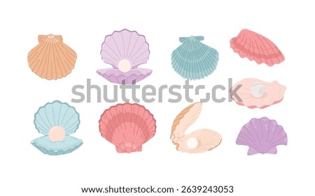 Oceanic closed and opened seashells with pearls gemstone inside isolated set pastel color. Undersea scallop collection decorative elements nautical collection vector illustration. Tropical sea jewelry