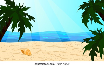 Oceanic coast. Beach and palm trees. Vector illustration.