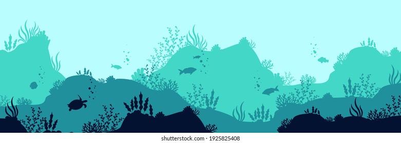 Oceanic deep world background. Dark underwater silhouettes swimming sea fish with blue outlines corals and vector plants.