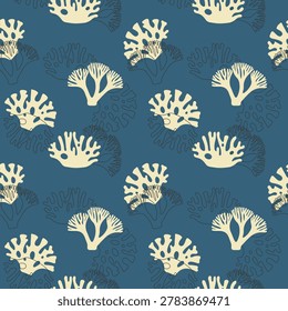 Oceanic dreamscape pattern blending cream abstract corals and linear reef silhouettes over a deep dusty blue backdrop, an artistic marine wallpaper ideal for coastal resort apparel bathroom textiles and eco friendly product packaging.