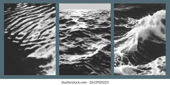 Oceanic Halftone Poster Set featuring Abstract Wave Patterns and Sea Textures in Blue and White, perfect for Modern Graphic Design and Creative Summer Backgrounds