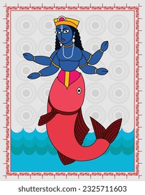 Oceanic Incarnation: Kalighat Art Illustrating Vishnu's Matsya Avatar. Kalighat Painting, Contemporary Art, Indian Paintings, Wall Paintings, Modern Art Paintings.