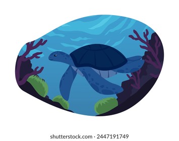 Oceanic landscape with turtle and algae. Vector illustration of a solitary turtle swimming near seabed flora, great for marine biology and ecology designs.