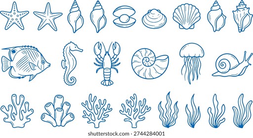 Oceanic marine life illustrations including starfish seashells fish coral and sea creatures in blue on white background for aquatic designs