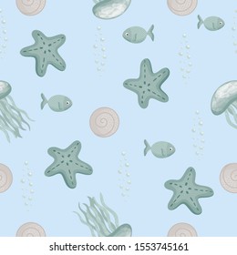 Oceanic marine seamless pattern with starfish, jellyfish, seashell, bubbles in scandinavian nordic style. Vector design for textile and fabric