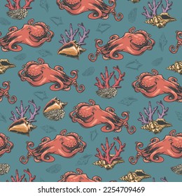 Oceanic octopuses pattern seamless colorful with sea animals swimming deep underwater and shells or oysters near corals vector illustration