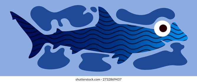 oceanic predator with wavy lines and organic blue shapes in modern style