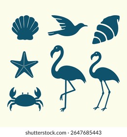 Oceanic silhouettes of beach and tropical elements seashells, birds, starfish, and a crab, vector illustration