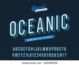 "Oceanic" Slanted Blue Vintage Stylish Alphabet with Striped Shadow. Original Old School Retro Typeface. Condensed Letters, Numbers and Symbols. Vector Illustration. 
