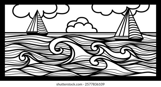 Oceanic Tranquility Wall Stencil  Waves and Boat Panel Art