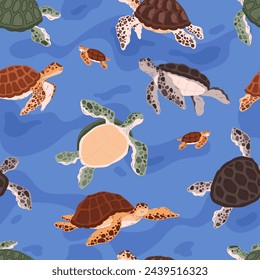 Oceanic turtle pattern. Vector illustration of diverse turtles floating in the sea, perfect for wallpaper, fabric, or thematic designs.