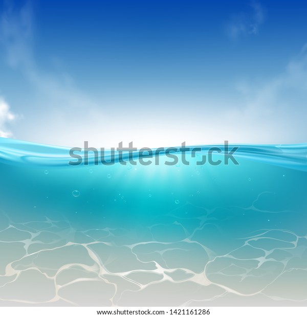 海の波 海の水柱のリアルなベクター画像の背景 明るい空 太陽の光が 澄んだ青い水の中に広がり 泡があり きれいな 白い砂の底の断面図に輝いています のベクター画像素材 ロイヤリティフリー
