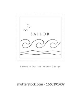 Oceanic Waves Nautical Icon.Editable Line Vector.Sea And Ocean Symbol Black Isolated Element.Template For Logo Or Branding.Sailor 
Cruise, Yacht Club, Business Identity, Menu, Card Design.
