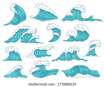 Oceanic waves. Sea hand drawn tsunami or storm waves, marine water shaft, ocean beach surfing waves isolated vector illustration icons set. Tsunami storm, sea wave motion