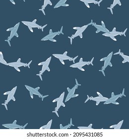 Patrón de tiburón blanco oceánico sin fisuras al estilo escandinavo. Fondo de animales marinos. Ilustración vectorial para niños con impresiones textiles divertidas, tela, carteles, telas de fondo y papel pintado.