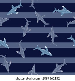 Oceanic whitetip shark seamless pattern in scandinavian style. Marine animals background. Vector illustration for children funny textile prints, fabric, banners, backdrops and wallpapers.