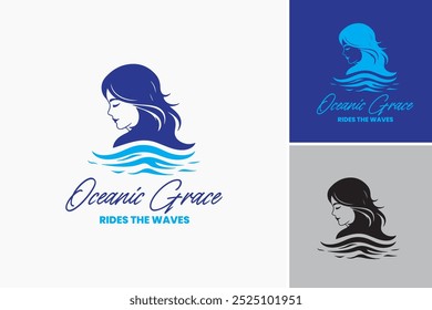 Oceanic Women Grace Logo: Ein elegantes Design mit einer Frau, die auf einer Welle reitet und Stärke und Gelassenheit symbolisiert. Ideal für Damen-Surfshops, Küsten-Wellness-Zentren. Layered EPS Vector