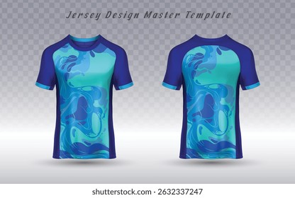 Ocean-inspired blue t-shirt with fluid wave patterns in green tones. Ideal for surf brands, music festival wear, or urban sportswear lines. Bold vector template