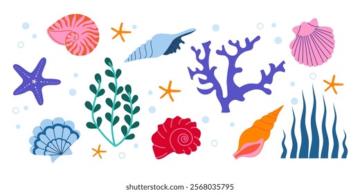 Ocean-inspired illustrations. Shells, starfish, corals, and aquatic plants in vibrant modern flat design.