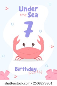 Ocean-inspired seventh birthday invitation. Adorable children's card featuring a red crab and pink corals in gentle colors
