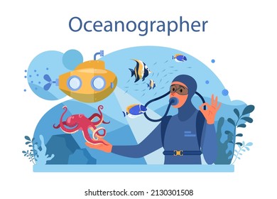 Oceanographer. Oceanology scientist. Practical studying and exploration of the world's oceans and seas, chemical structure, creatures and plants. Flat vector illustration