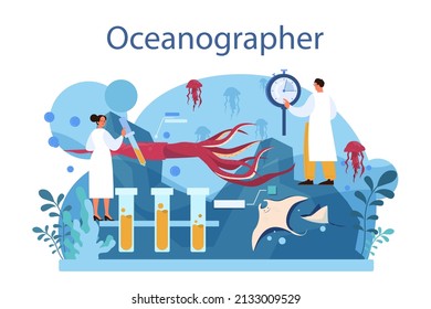 Oceanographer. Oceanology scientist. Practical studying and exploration of the world's oceans and seas, chemical structure, creatures and plants. Flat vector illustration