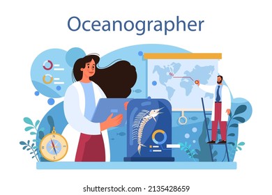 Oceanographer. Oceanology scientist. Practical studying and exploration of the world's oceans and seas, chemical structure, creatures and plants. Flat vector illustration