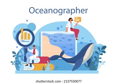 Oceanographer. Oceanology scientist. Practical studying and exploration of the world's oceans and seas, chemical structure, creatures and plants. Flat vector illustration