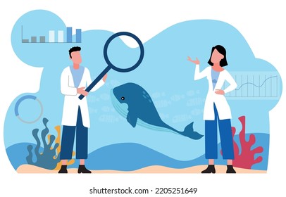 Oceanographer. Oceanology scientist. Practical studying and exploration of the world's oceans and seas, chemical structure, creatures and plants. Flat vector illustration.