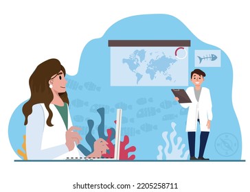 Oceanographer. Oceanology scientist. Practical studying and exploration of the world's oceans and seas, chemical structure, creatures and plants. Flat vector illustration.
