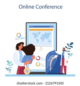 Oceanographer online service or platform. Oceanology scientist. Practical studying and exploration of the ocean. Online conference. Flat vector illustration