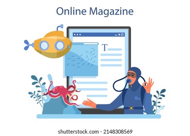 Oceanographer online service or platform. Oceanology scientist. Practical studying and exploration of the ocean. Online magazine. Flat vector illustration