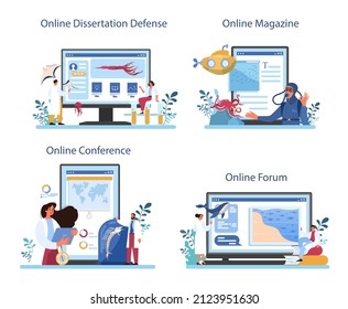 Oceanographer online service or platform set. Oceanology scientist. Practical studying and exploration of the ocean. Online forum, magazine, conference, dessertation defense. Flat vector illustration