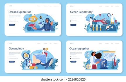 Oceanographer web banner or landing page set. Oceanology scientist. Practical studying and exploration of the oceans and seas, chemical structure, creatures and plants. Flat vector illustration