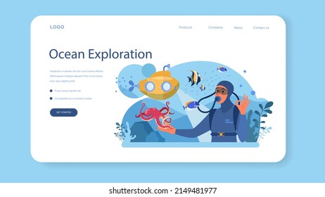 Oceanographer web banner or landing page. Oceanology scientist. Practical studying and exploration of the oceans and seas, chemical structure, creatures and plants. Flat vector illustration