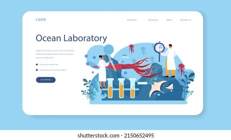 Oceanographer web banner or landing page. Oceanology scientist. Practical studying and exploration of the oceans and seas, chemical structure, creatures and plants. Flat vector illustration